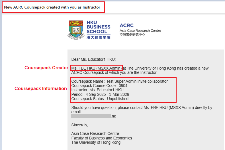 notification email of creating a new coursepack